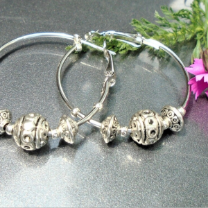 FREE SHIPPING Large Hoops earrings W/ Tibet Antique Silver oxidized Bali beads 40mm embellished hoop