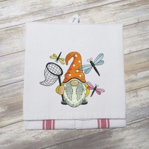 DRAGONFLY GNOME - Embroidered Tea Towel Kitchen Towel Dish Towel