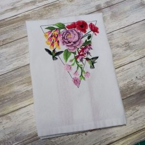 MODERN HUMMINGBIRD AND FLOWERS FEATURE - Embroidered Tea Towel Kitchen Towel Dish Towel