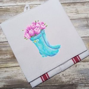 RAIN BOOTS BOUQUET Embroidered Tea Towel Kitchen Towel Dish Towel