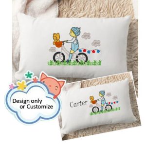 CHILD BOY ON BIKE ♥ Design only or PERSONALIZE ♥ Crib Pillow, Embroidered Pillow