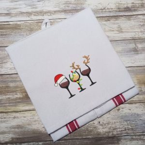 🎄CHRISTMAS WINE GLASSES - Festive Embroidered Kitchen Towel Dish Towel