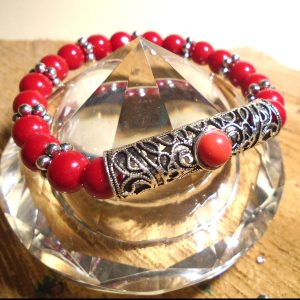 Handmade Red beaded stretch bracelet with Filagree Antique Silver cut out tube bead with Cabochon