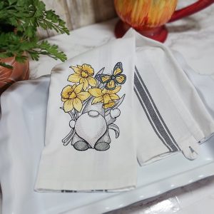 AMONG THE DAISIES GNOME - Embroidered Tea Towel Kitchen Towel Dish Towel