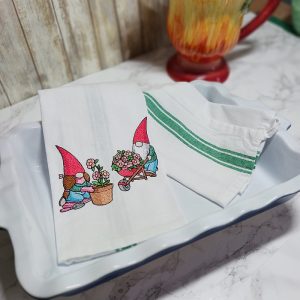 BUSY IN THE GARDEN GNOMES - Embroidered Kitchen Towel Dish Towel Tea Towel