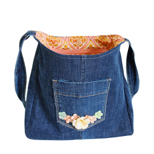 Shabby Chic DENIM SHOULDER BAG with Silk Flowers
