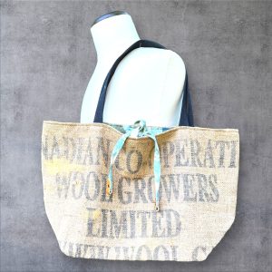 Large upcycled wool growers, burlap wool-gathering tote bag, shopping bag, carry all, market