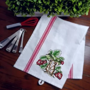 UNDER THE SHADE OF STRAWBERRIES FIELD MOUSE - Embroidered Kitchen Towel Dish Towel