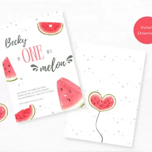 One In A Melon First Birthday Invitation, Watermelon Baby Birthday, Printable EditableTemplate