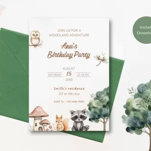 Editable Woodland Animals Birthday Invitation, Neutral Kids Baby Invite Nature Printable Template
