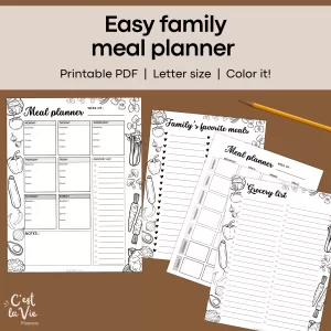 Easy family meal planner | Organize weekly meals, grocery lists + favorite meals | Letter size PDF