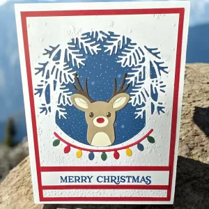 Christmas Greeting Card with Reindeer and Wreath |Festive Card with Holiday Lights | Merry Christmas