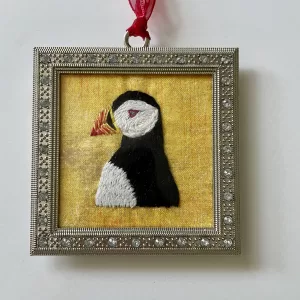 Embroidered bird ornament; Puffin