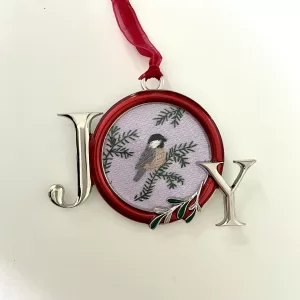 Embroidered Bird Ornament: chickadee joy